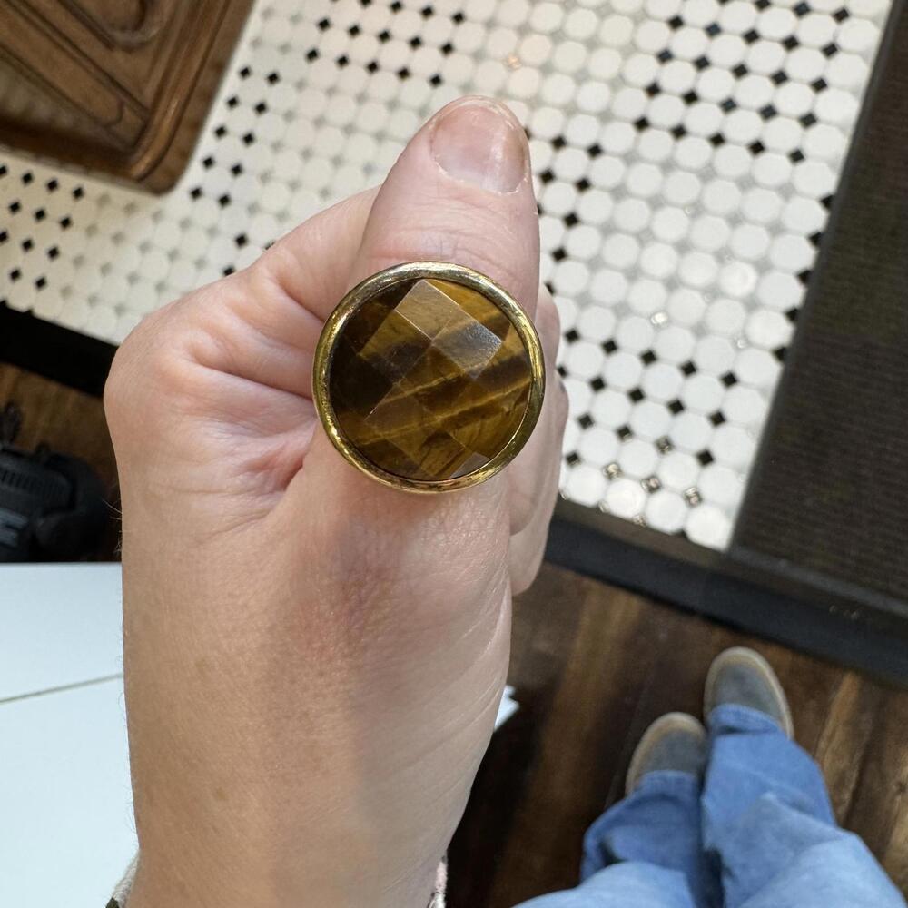 Vintage Gold Plated Tigers Eye Ring Large Stone Jewelry Statement Single